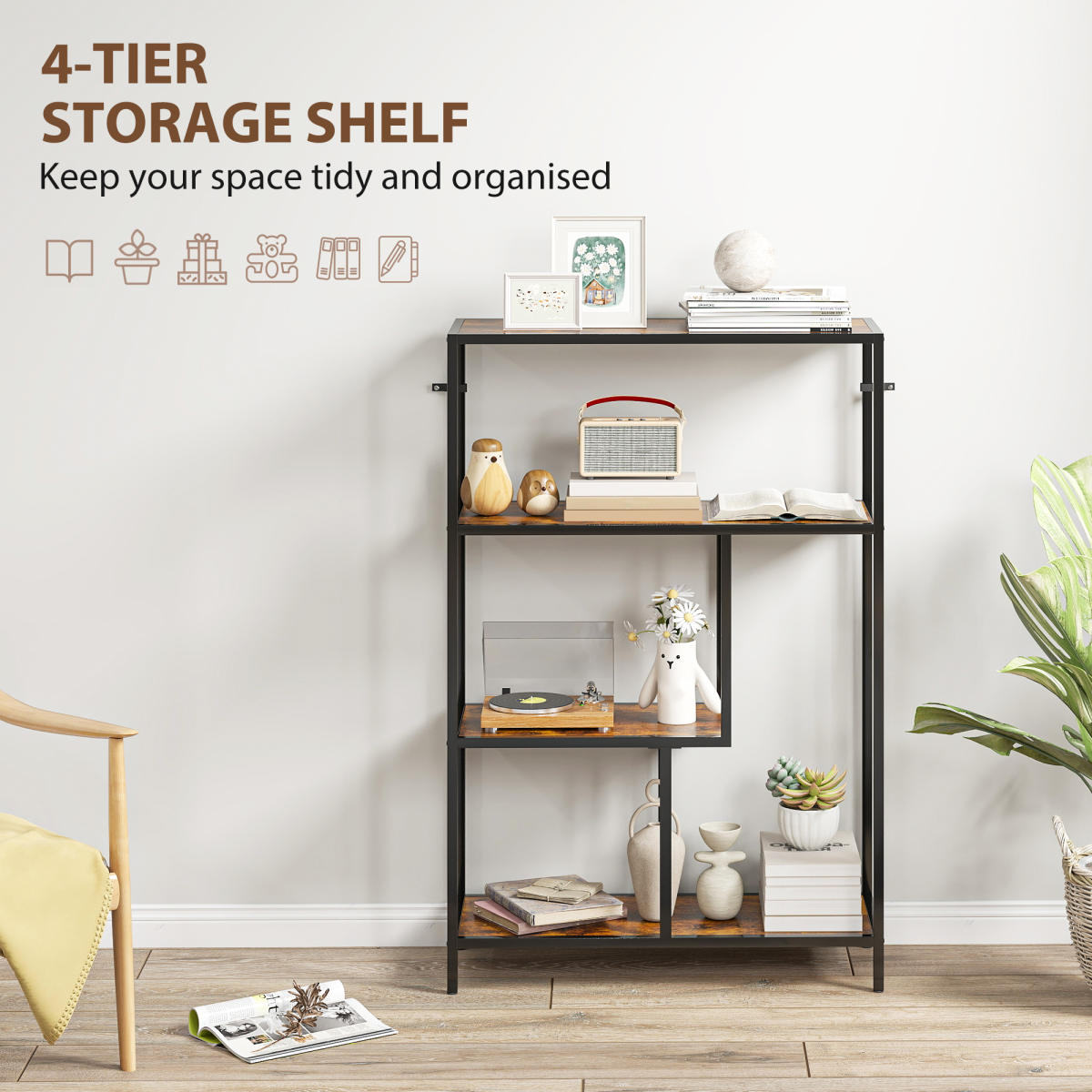HOMCOM Industrial Bookshelf Bookcase w/ Open Shelves for Study