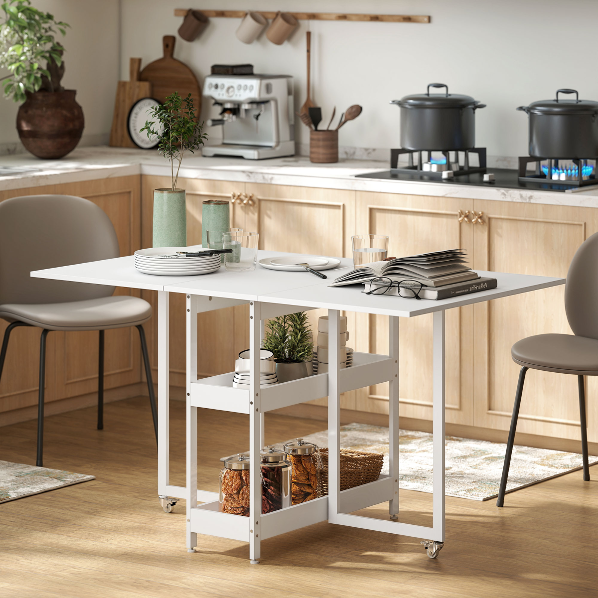 HOMCOM Folding Dining Table, Drop Leaf Table with Open Compartments