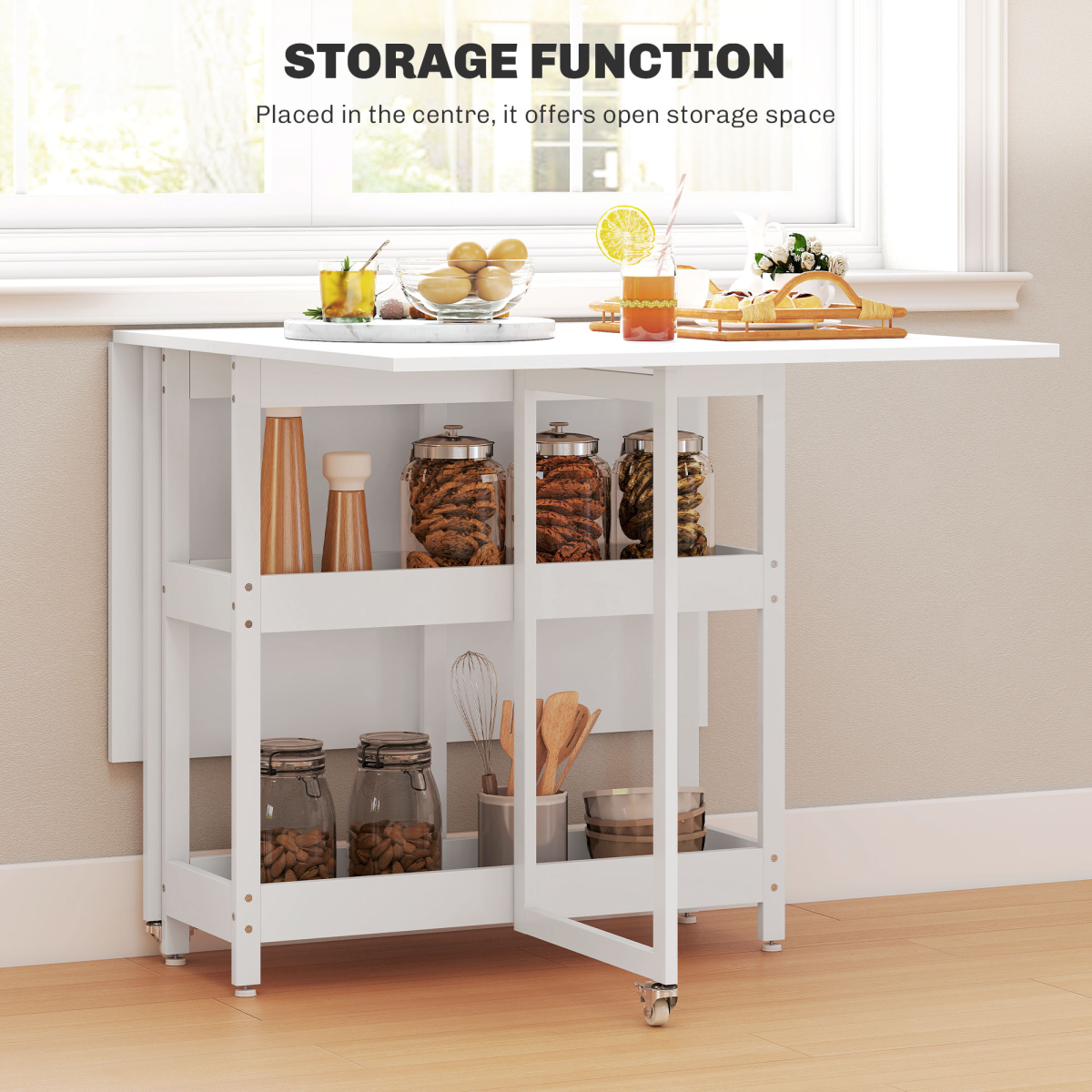 HOMCOM Folding Dining Table, Drop Leaf Table with Open Compartments