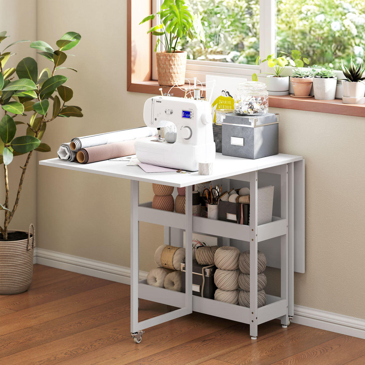 HOMCOM Folding Dining Table, Drop Leaf Table with Open Compartments