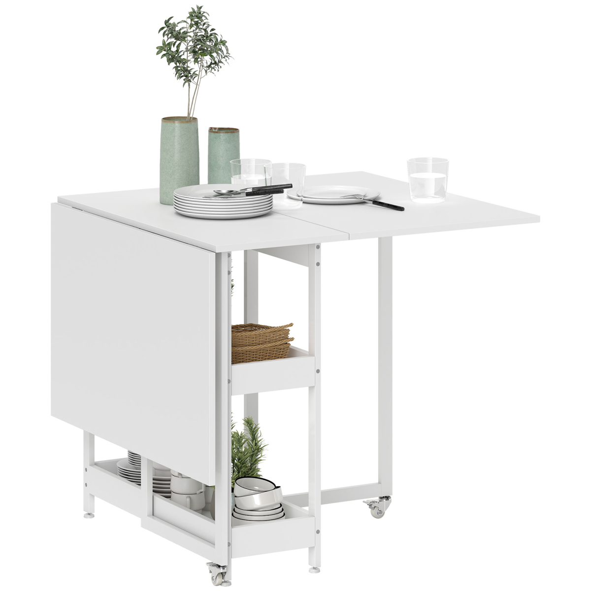 HOMCOM Folding Dining Table, Drop Leaf Table with Open Compartments