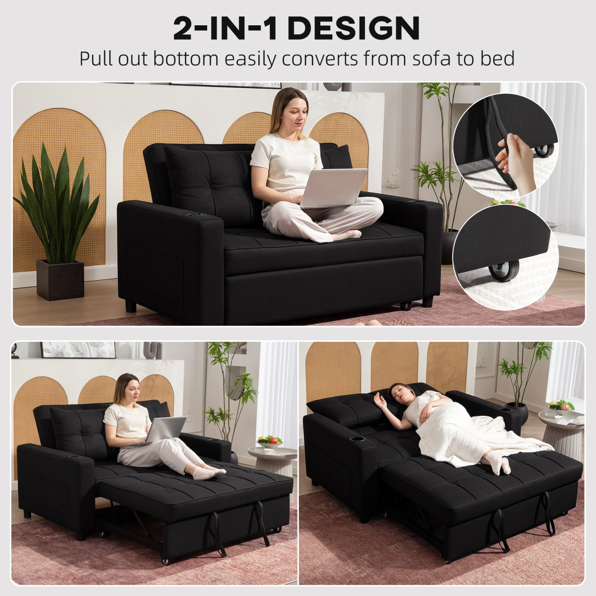 HOMCOM 2 Seater Pull Out Sofa Bed with Pockets for Living Room Beige