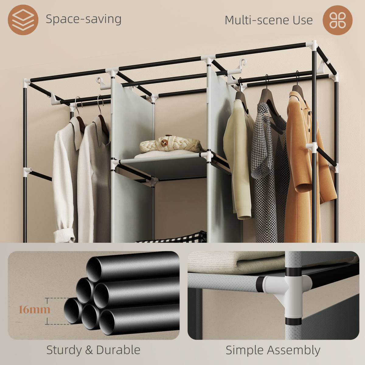 HOMCOM Portable Wardrobe w/ 5 Shelves 3 Fabric Drawers and 2 Hanging Rails