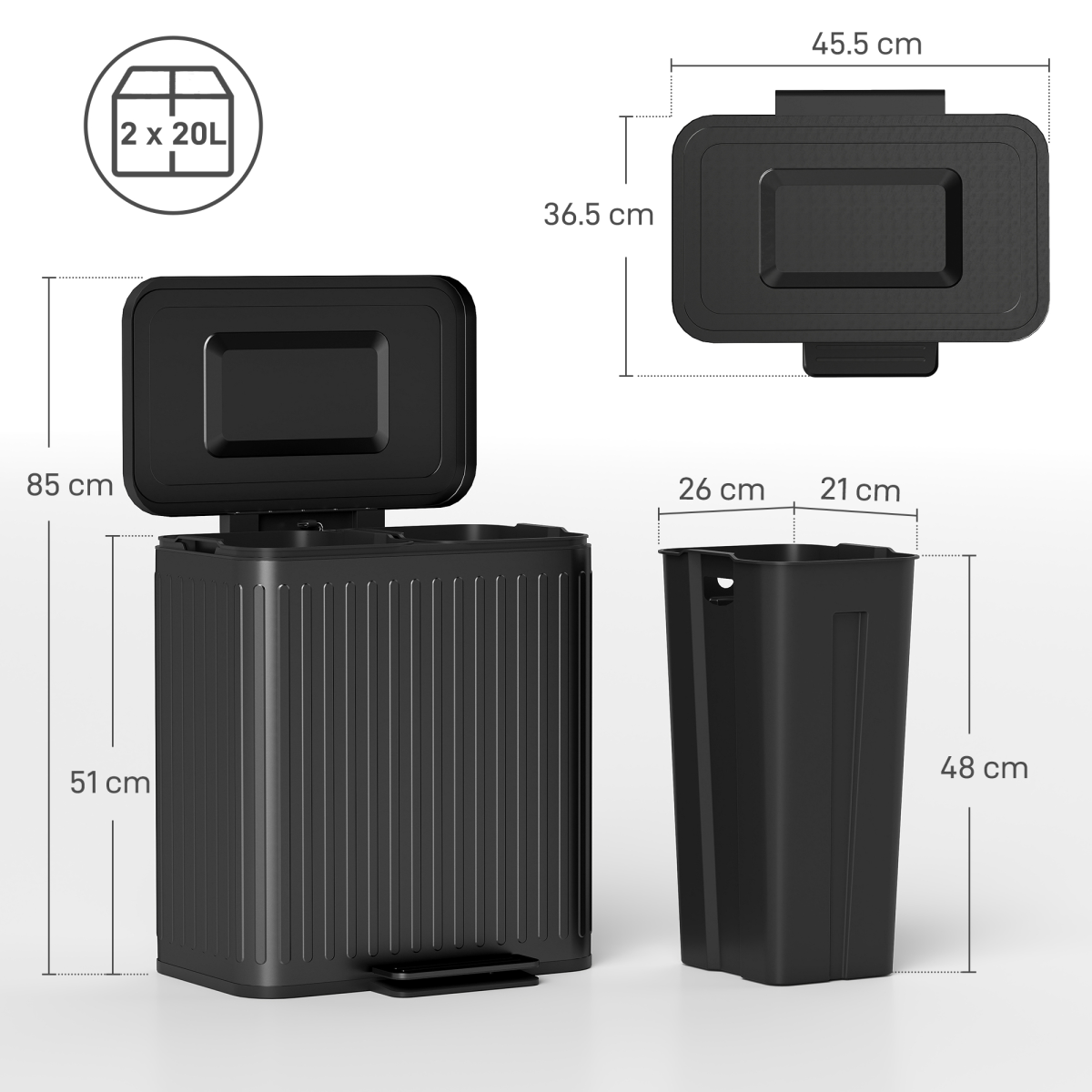 HOMCOM 2 x 20L Double Rubbish Bin, Pedal Bin with Soft-Close Lid