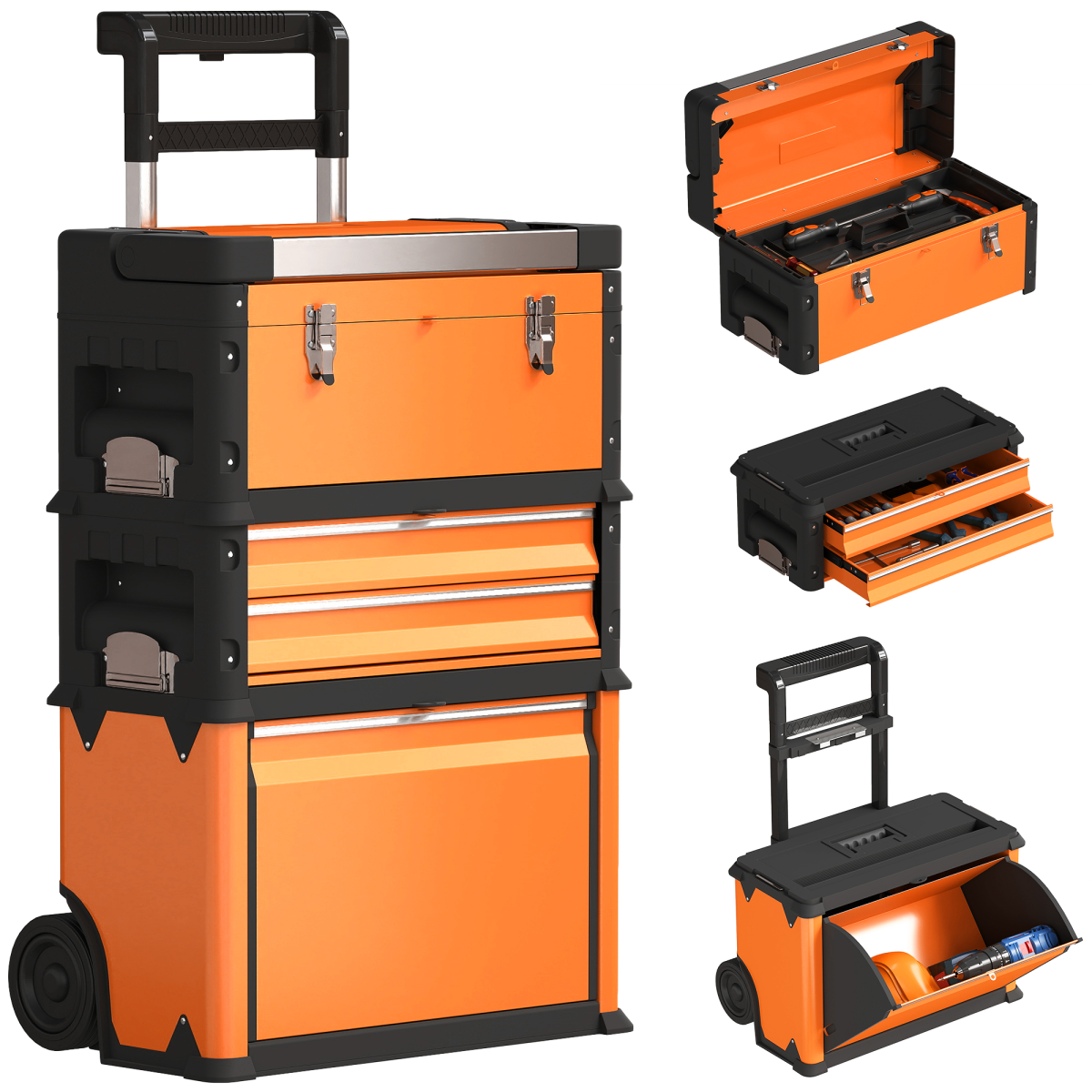 HOMCOM 3-Tier Tool Box with Wheels, Stackable Steel Toolbox