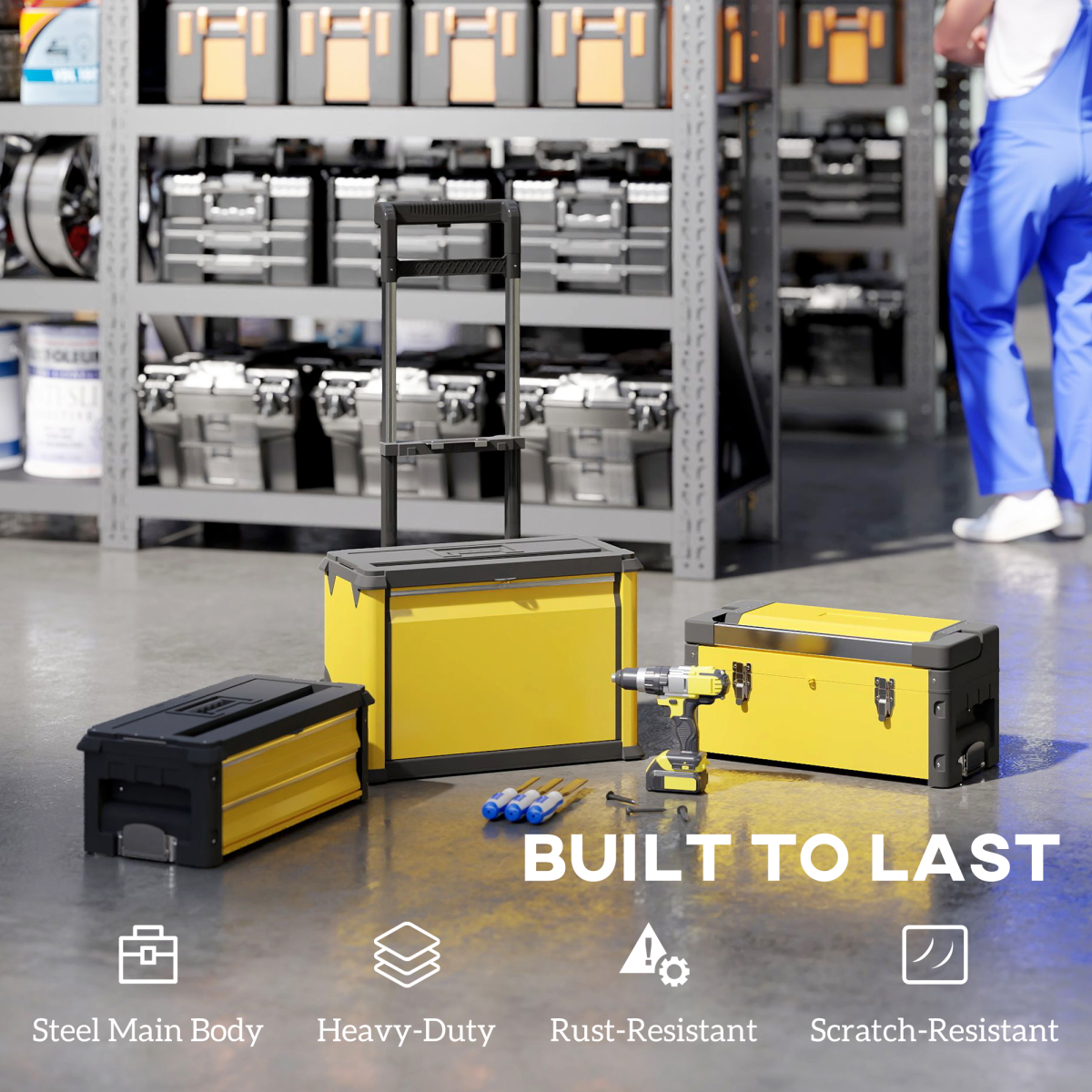HOMCOM 3-Tier Tool Box with Wheels, Stackable Steel Toolbox