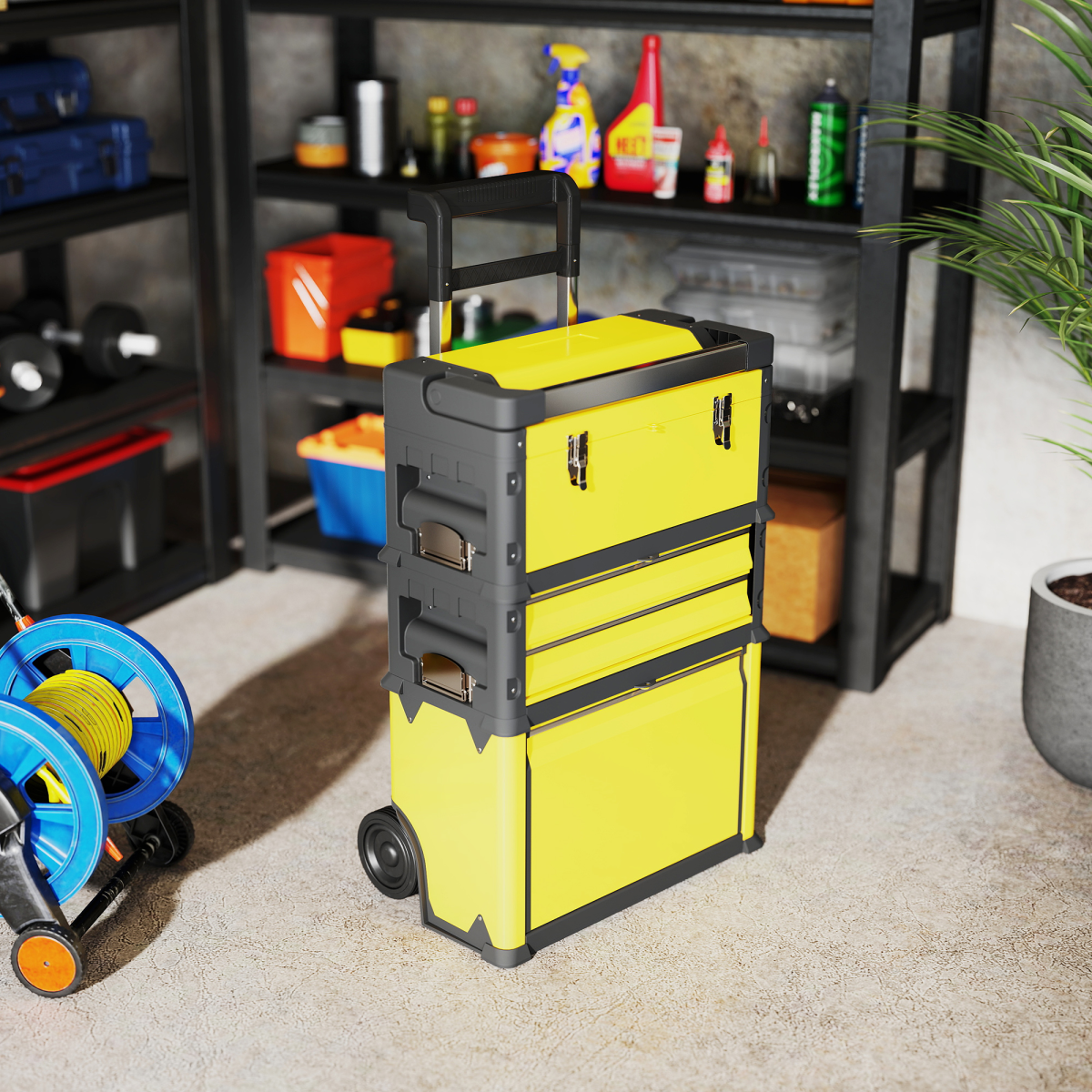 HOMCOM 3-Tier Tool Box with Wheels, Stackable Steel Toolbox