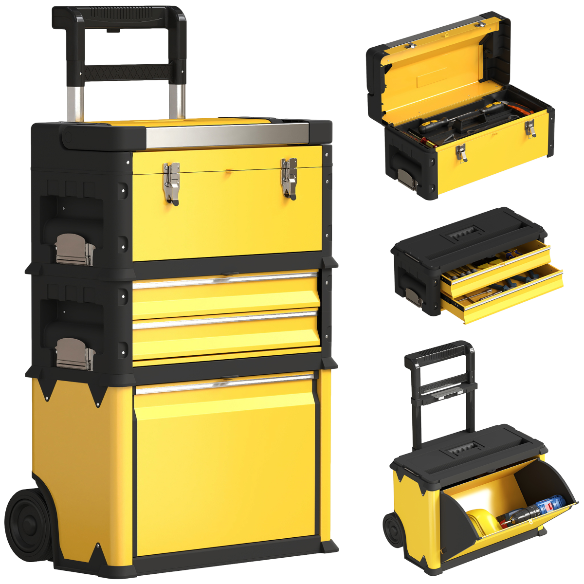 HOMCOM 3-Tier Tool Box with Wheels, Stackable Steel Toolbox