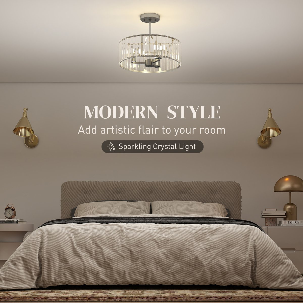 HOMCOM Semi Flush Mount Modern Crystal Chandelier Ceiling Light