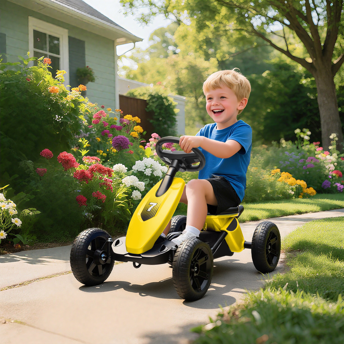 AIYAPLAY Pedal Go-Kart for Kids with Silent EVA Wheels, Metal Frame, Blue