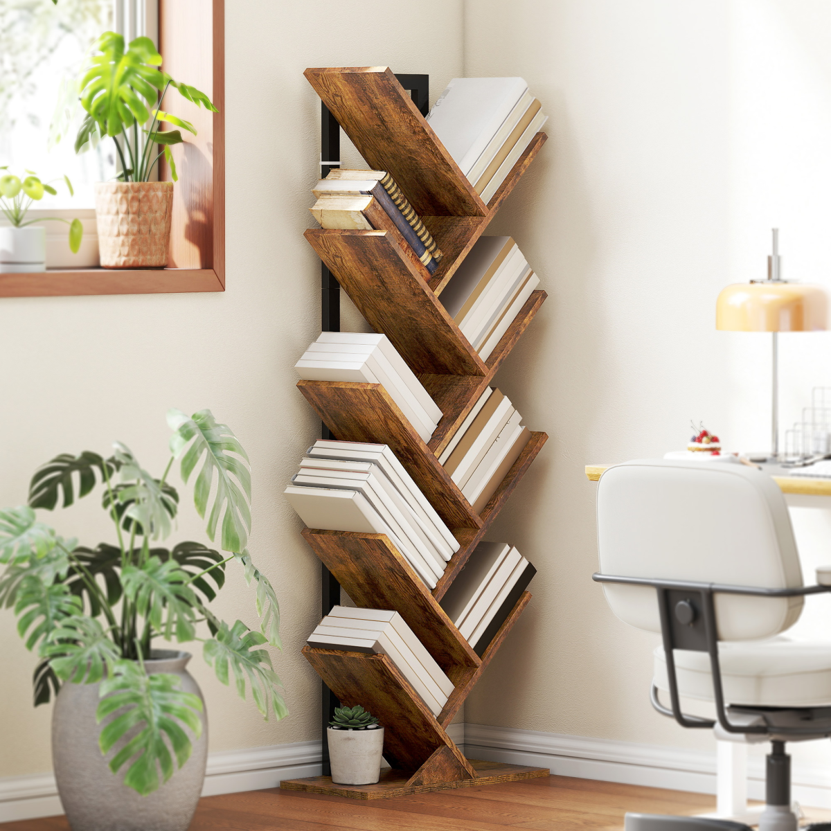 HOMCOM 5-Tier Tree Bookshelf with Steel Frame for Living Room, Rustic Brown