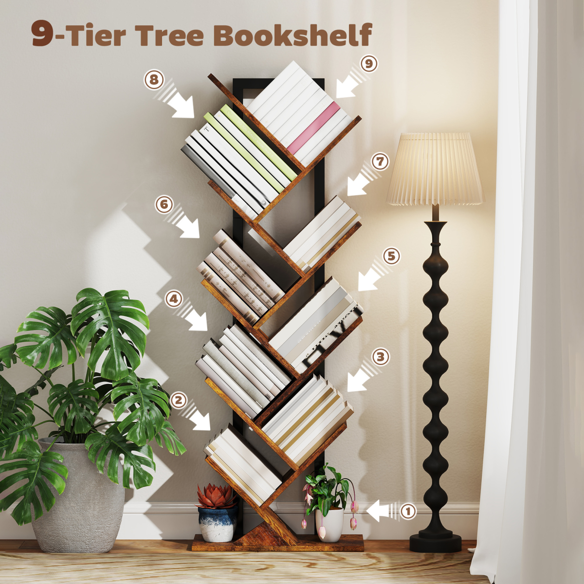 HOMCOM 5-Tier Tree Bookshelf with Steel Frame for Living Room, Rustic Brown