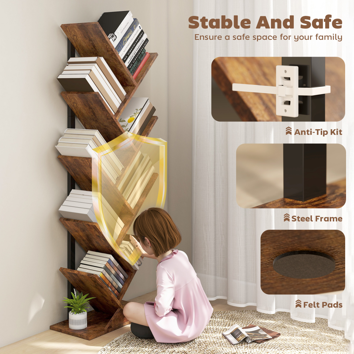 HOMCOM 5-Tier Tree Bookshelf with Steel Frame for Living Room, Rustic Brown