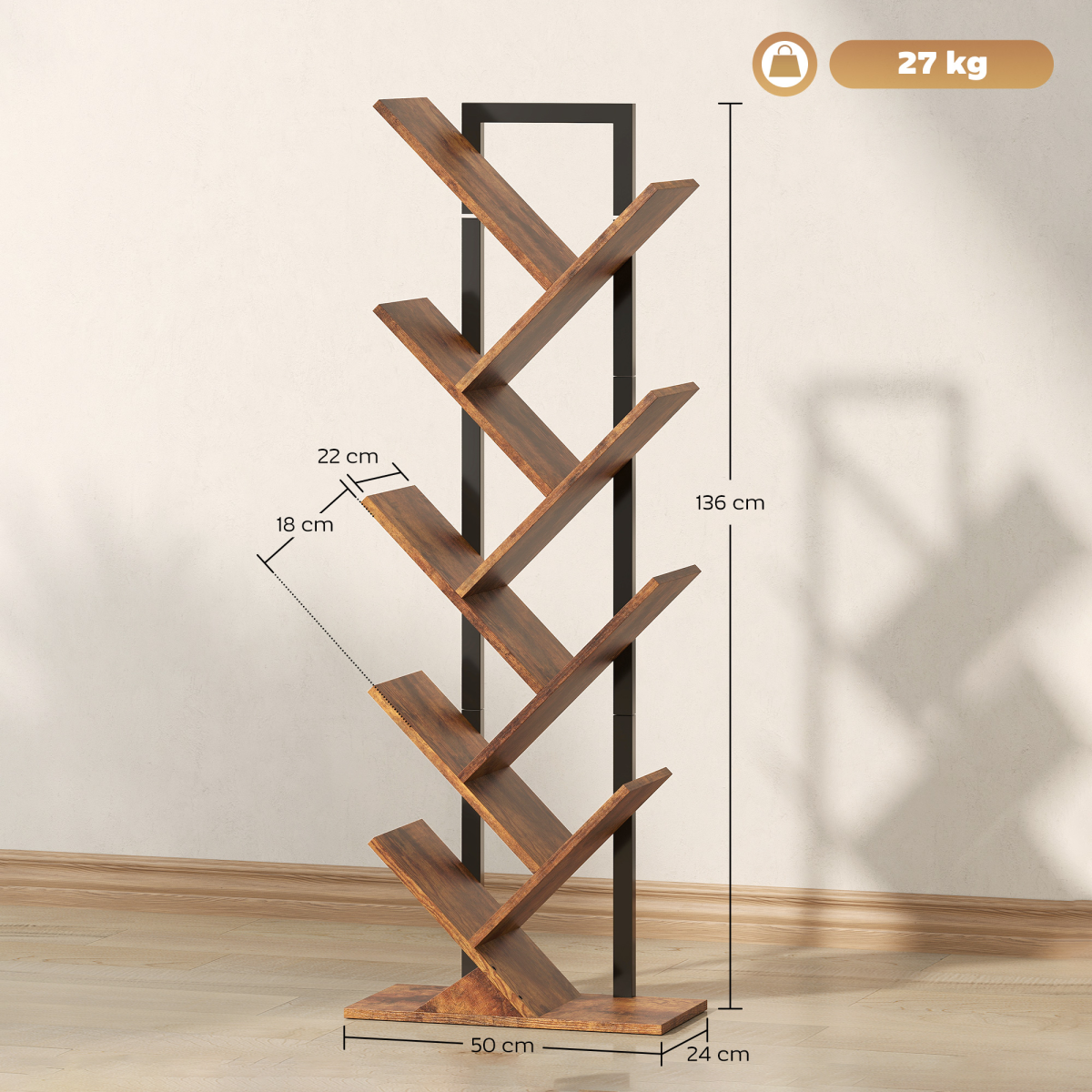 HOMCOM 5-Tier Tree Bookshelf with Steel Frame for Living Room, Rustic Brown