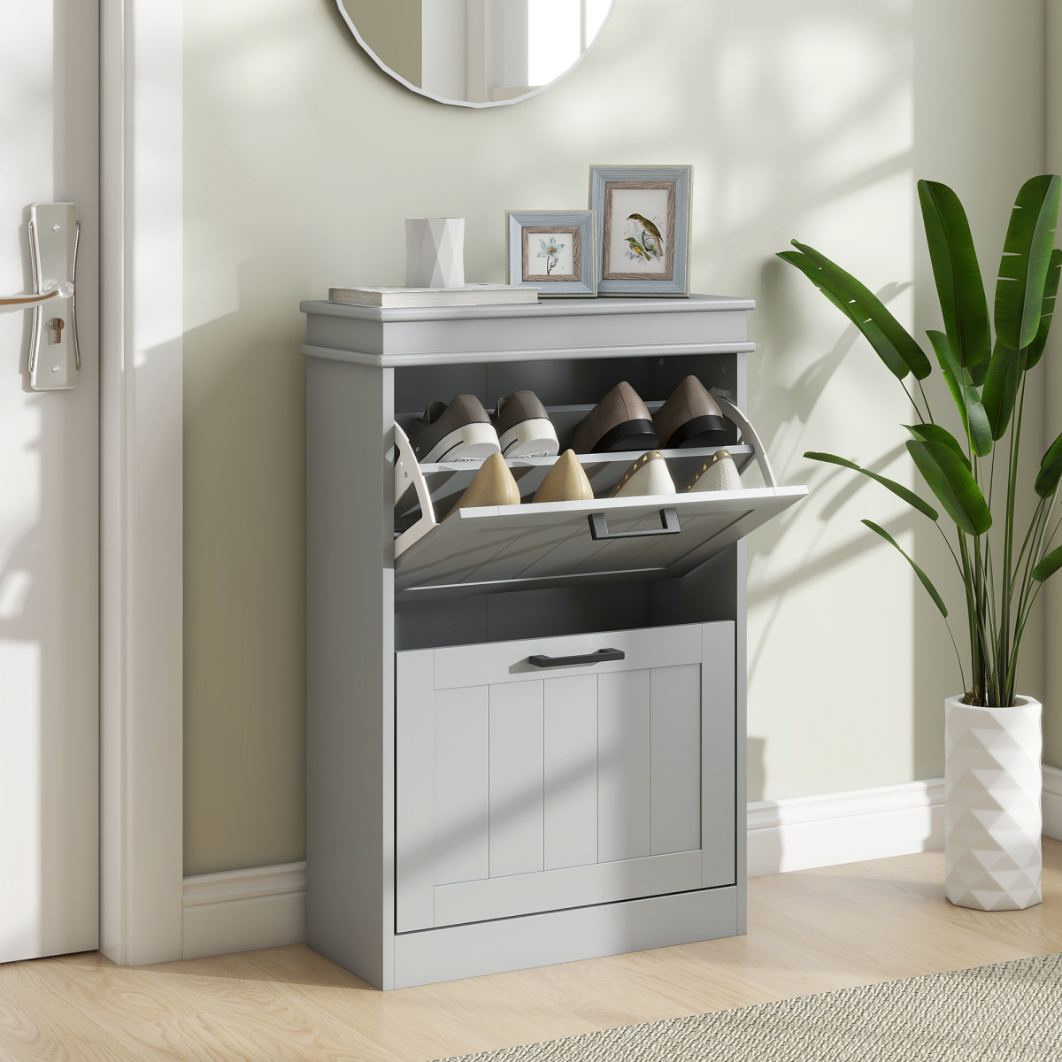 HOMCOM Slim Shoe Storage Cabinet with 2 Flip Drawers for Entryway, Grey