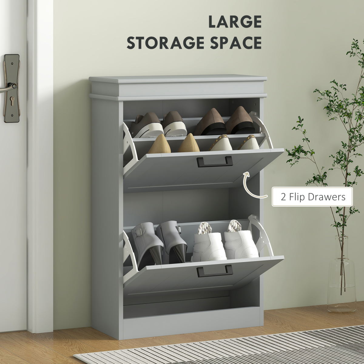 HOMCOM Slim Shoe Storage Cabinet with 2 Flip Drawers for Entryway, Grey