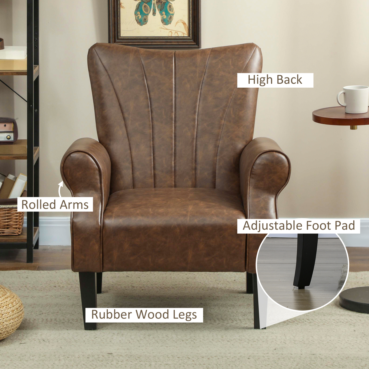 HOMCOM Upholstered Modern Accent Chair,  Armchair with Wood Legs, Brown