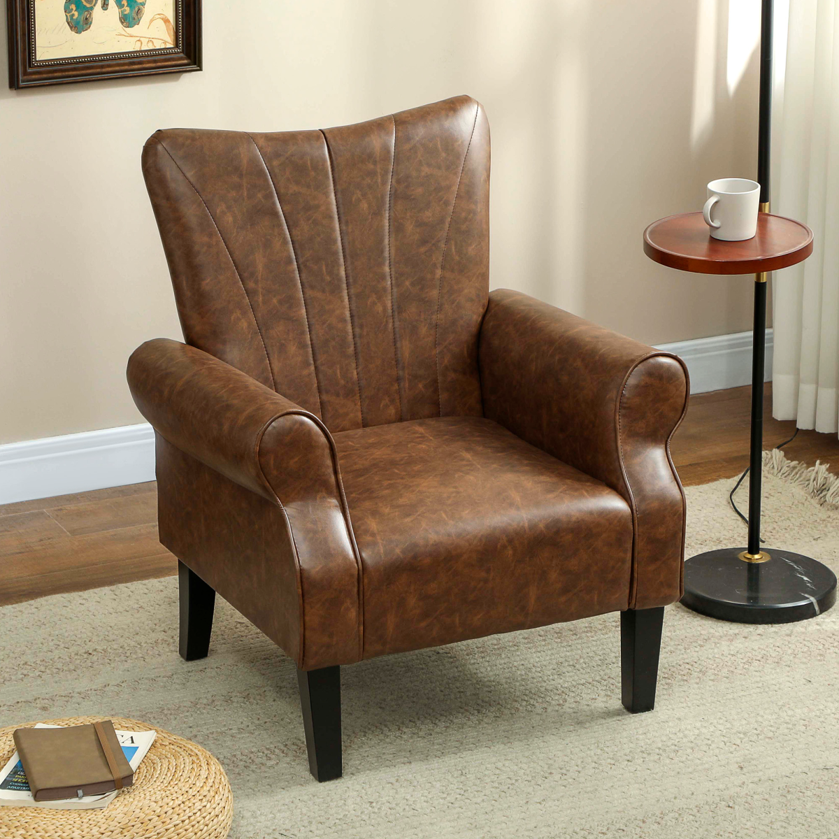 HOMCOM Upholstered Modern Accent Chair,  Armchair with Wood Legs, Brown