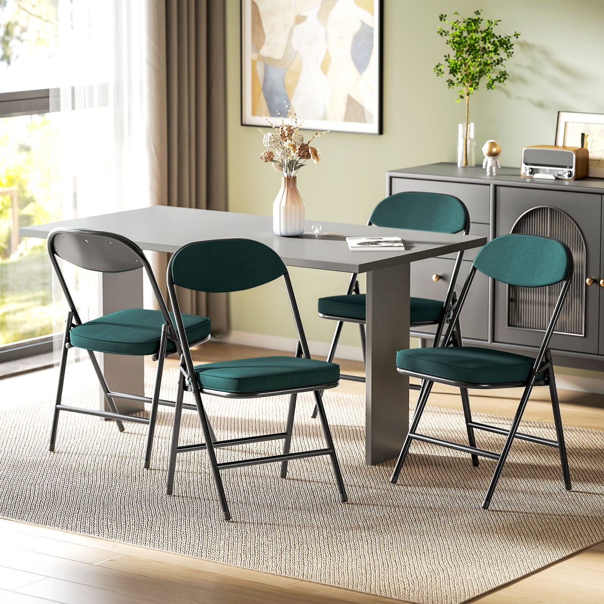 HOMCOM Folding Chairs Set of 4 with Cushioned Seat, Steel Frame, Blue