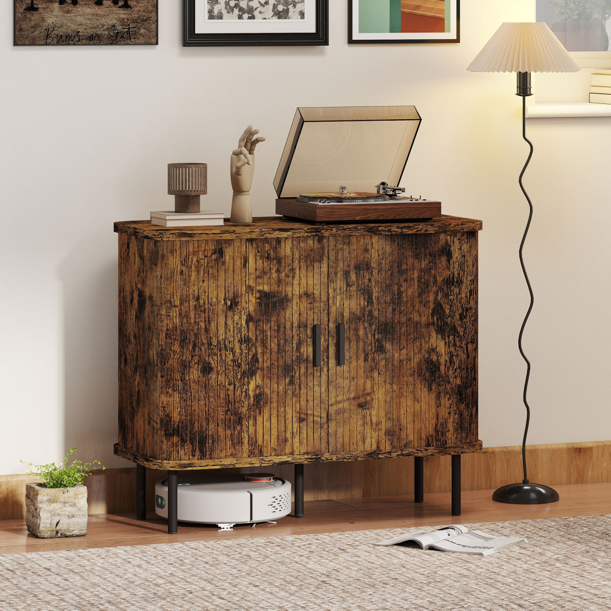 HOMCOM Sideboard Storage Cabinet with Slatted Tambour Sliding Doors Grey