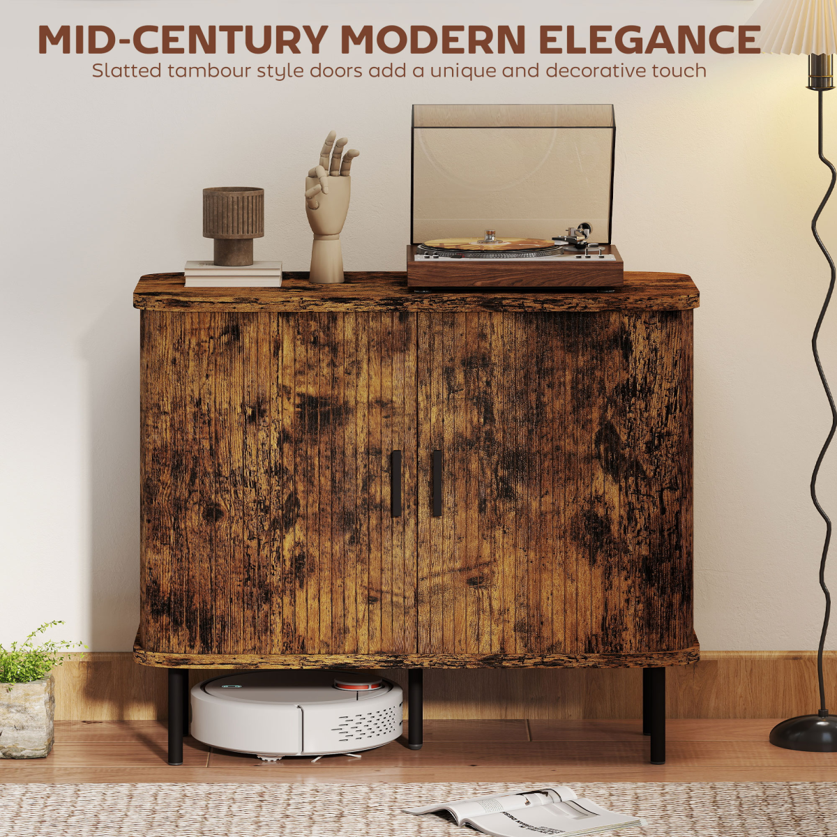 HOMCOM Sideboard Storage Cabinet with Slatted Tambour Sliding Doors Grey
