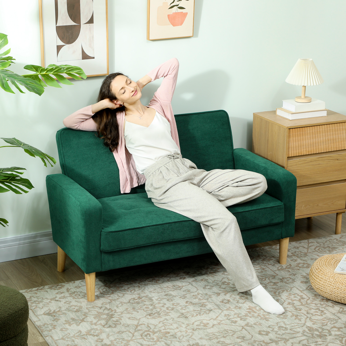 HOMCOM 2 Seater Sofa, Velvet-Feel Upholstered Loveseat for Small Space, Beige