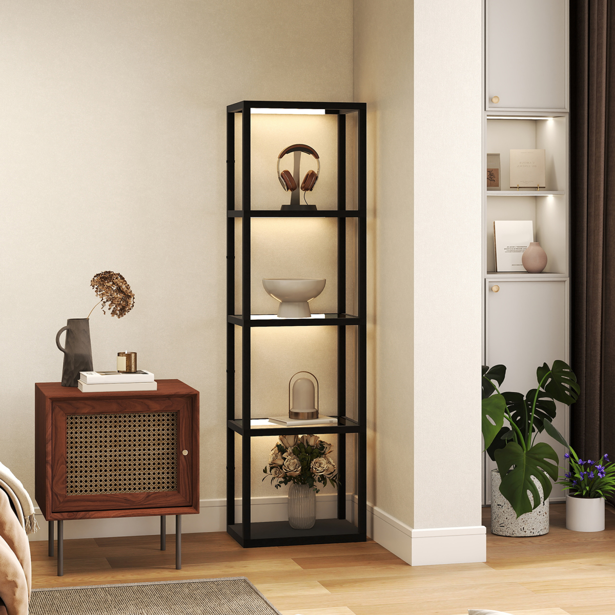 HOMCOM LED Floor Lamp with Glass Shelves, Dimmable Room Lamp