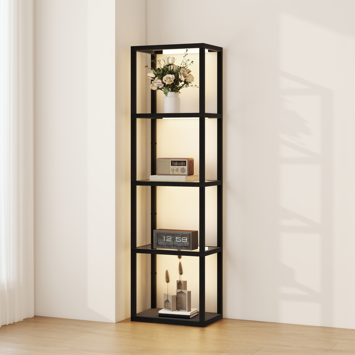 HOMCOM LED Floor Lamp with Glass Shelves, Dimmable Room Lamp