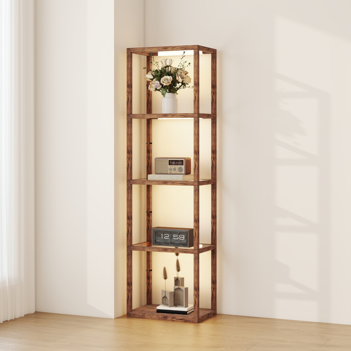 HOMCOM LED Floor Lamp with Glass Shelves, Dimmable Room Lamp
