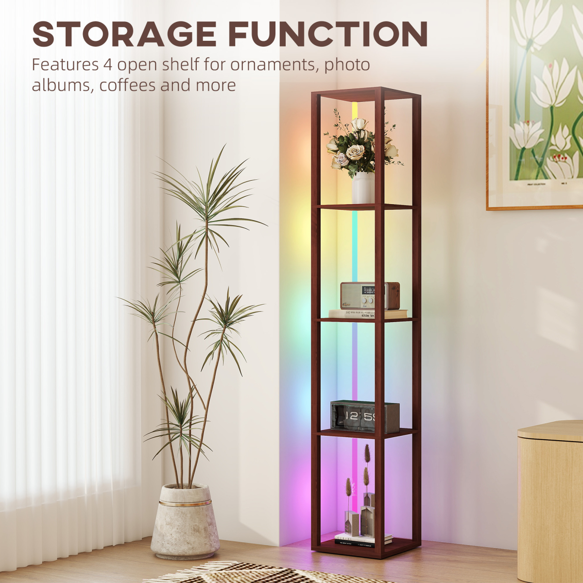 HOMCOM RGB LED Floor Lamp with Shelves and Remote Control for Bedroom