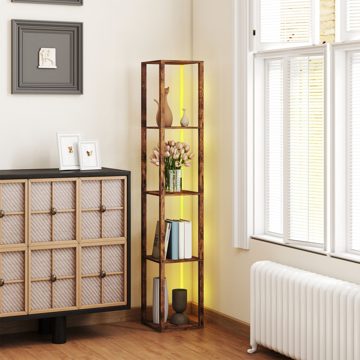 HOMCOM RGB LED Floor Lamp with Shelves and Remote Control for Bedroom