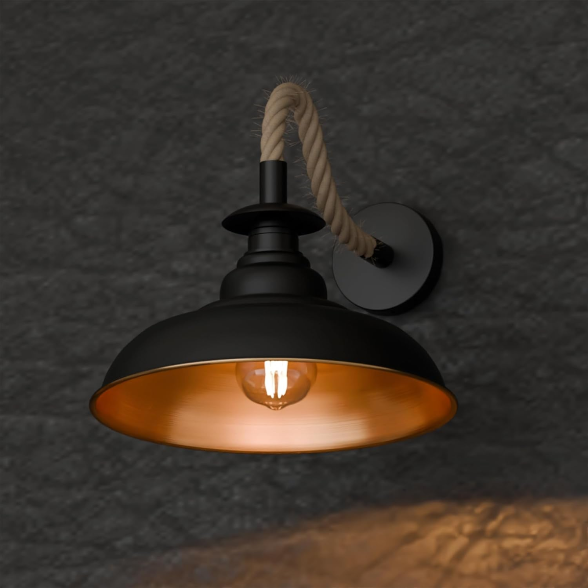 Black Hemp Rope Wall Sconce | 32cm Curvy Industrial Shade E27 ~6510