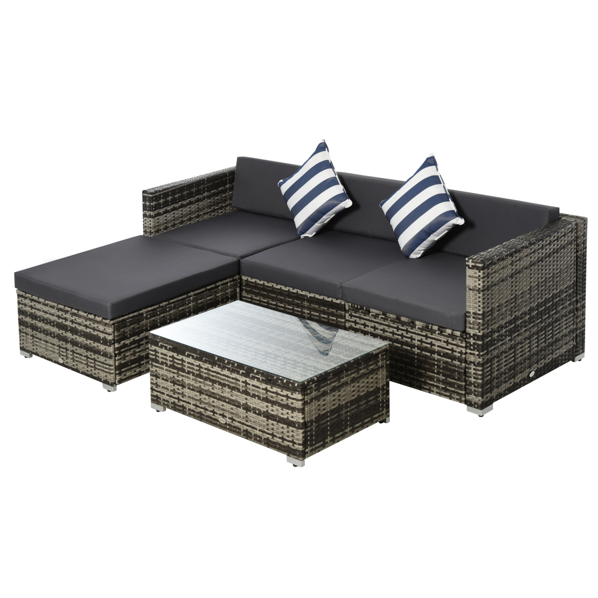 5PC Rattan Furniture Set Wicker Sofa Glass Tempered Tea Table & Cushion Pillows