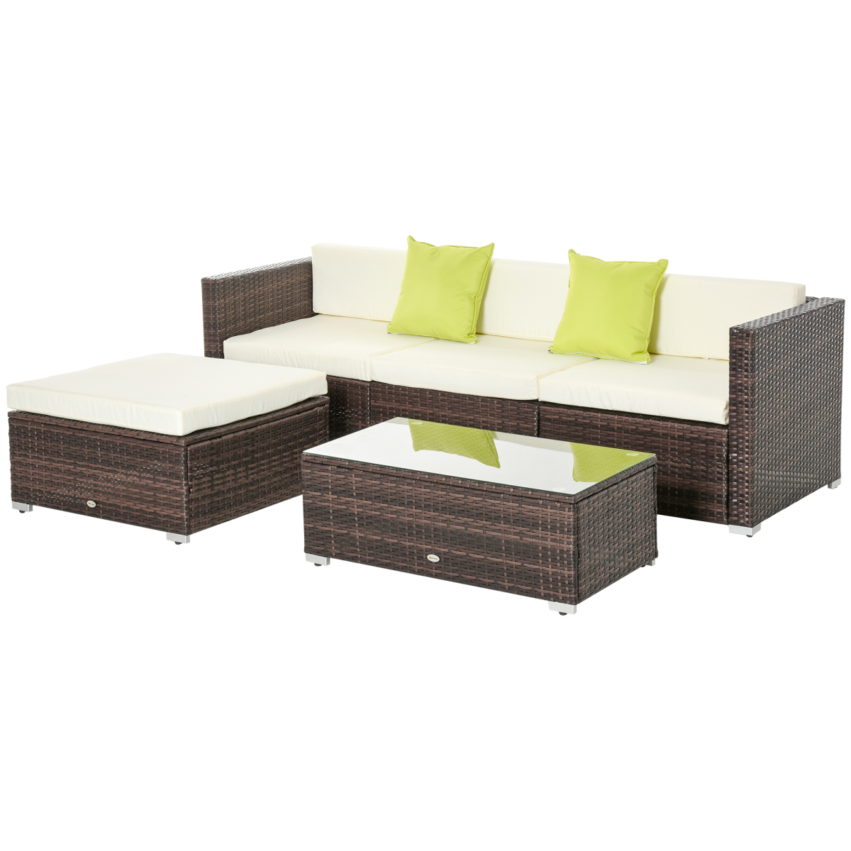 5PC Rattan Furniture Set Wicker Sofa Glass Tempered Tea Table & Cushion Pillows