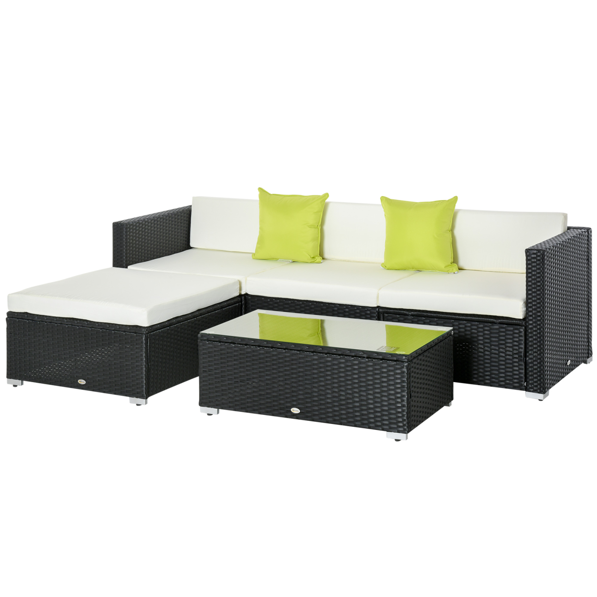 5PC Rattan Furniture Set Wicker Sofa Glass Tempered Tea Table & Cushion Pillows