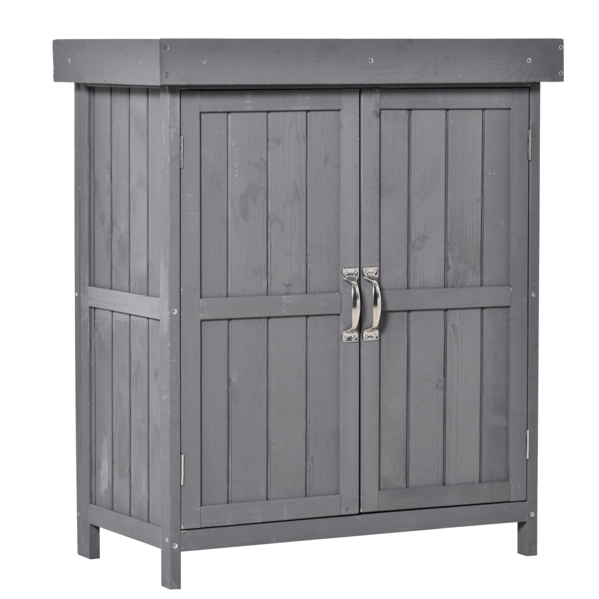 74x43x88cm Garden Shed Storage Wooden Chest Double Doors Shelf Hinged Roof