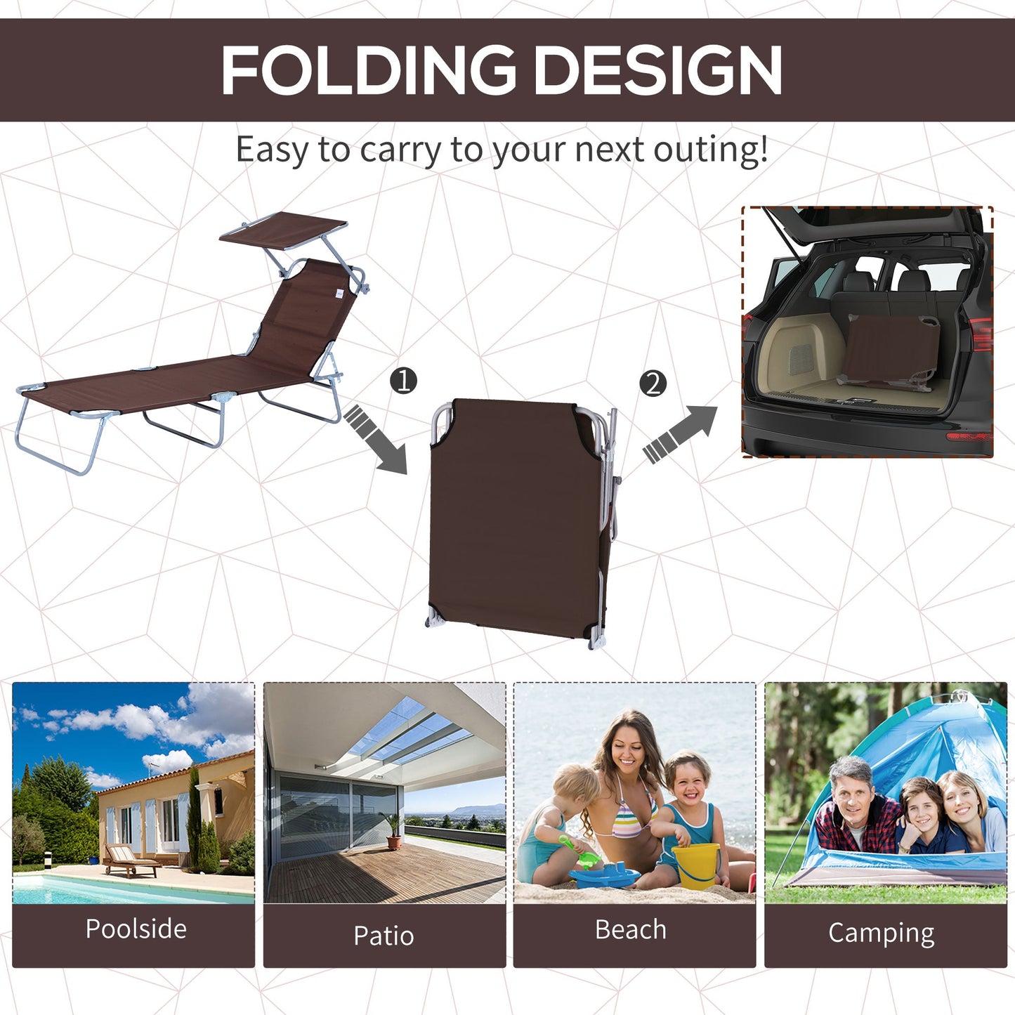 Reclining Chair Folding Lounger Seat Sun Shade Awning Beach Garden