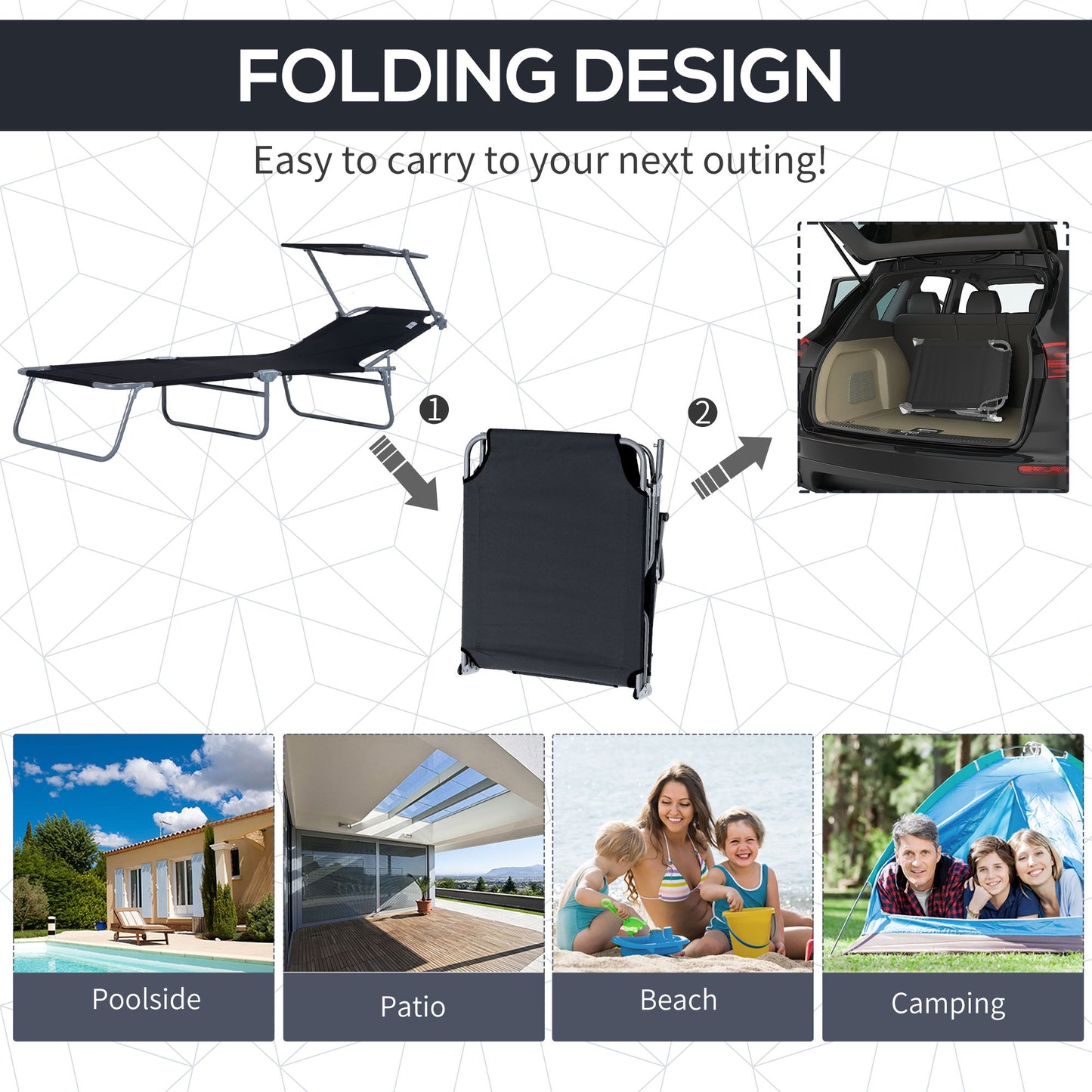 Reclining Chair Folding Lounger Seat Sun Shade Awning Beach Garden