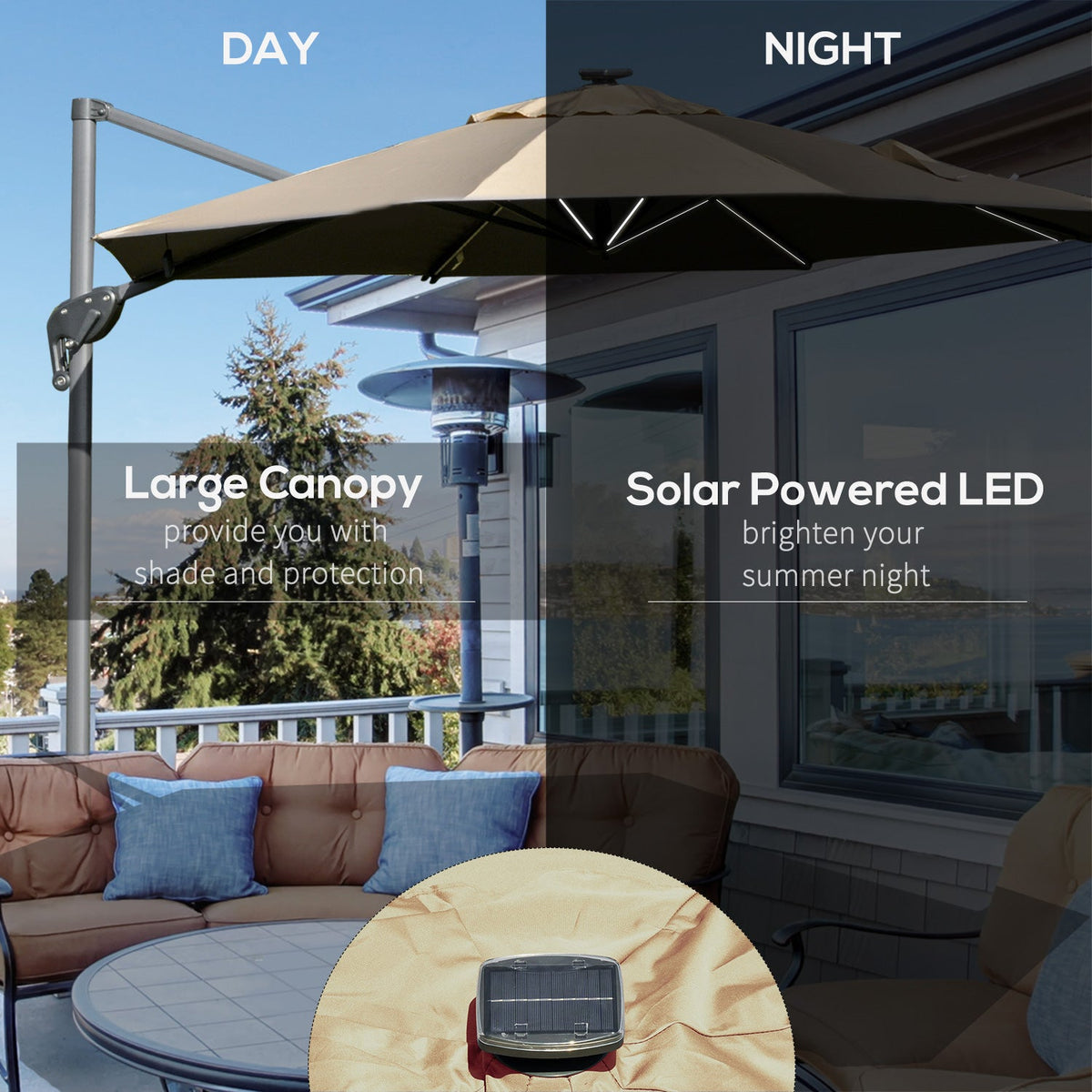Outsunny 3m Solar LED Cantilever Parasol - Adjustable Garden Umbrella