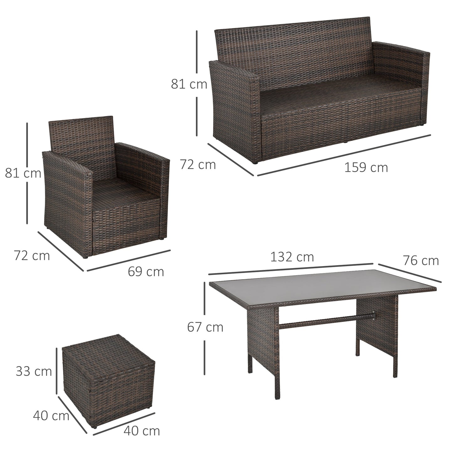 Outsunny 6 Pieces Outdoor PE Rattan Garden Furniture Set with Three-seat, Armchairs and Footstools, Patio Wicker Dining Sets w/Glass Top Dining Table, Soft Cushion, Mixed Brown