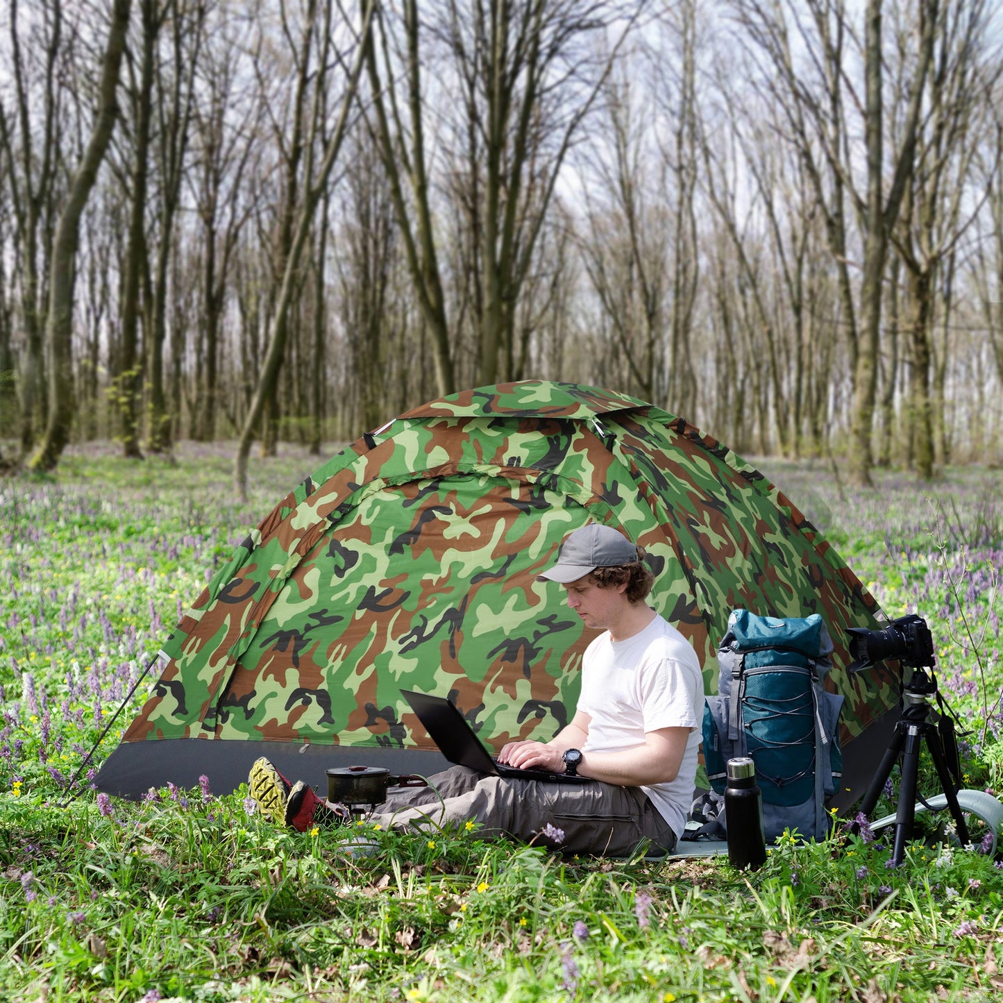 Outsunny 2 Person Camping Tent, Dome Tent with Zipped Doors, Storage Pocket, Portable Handy Bag