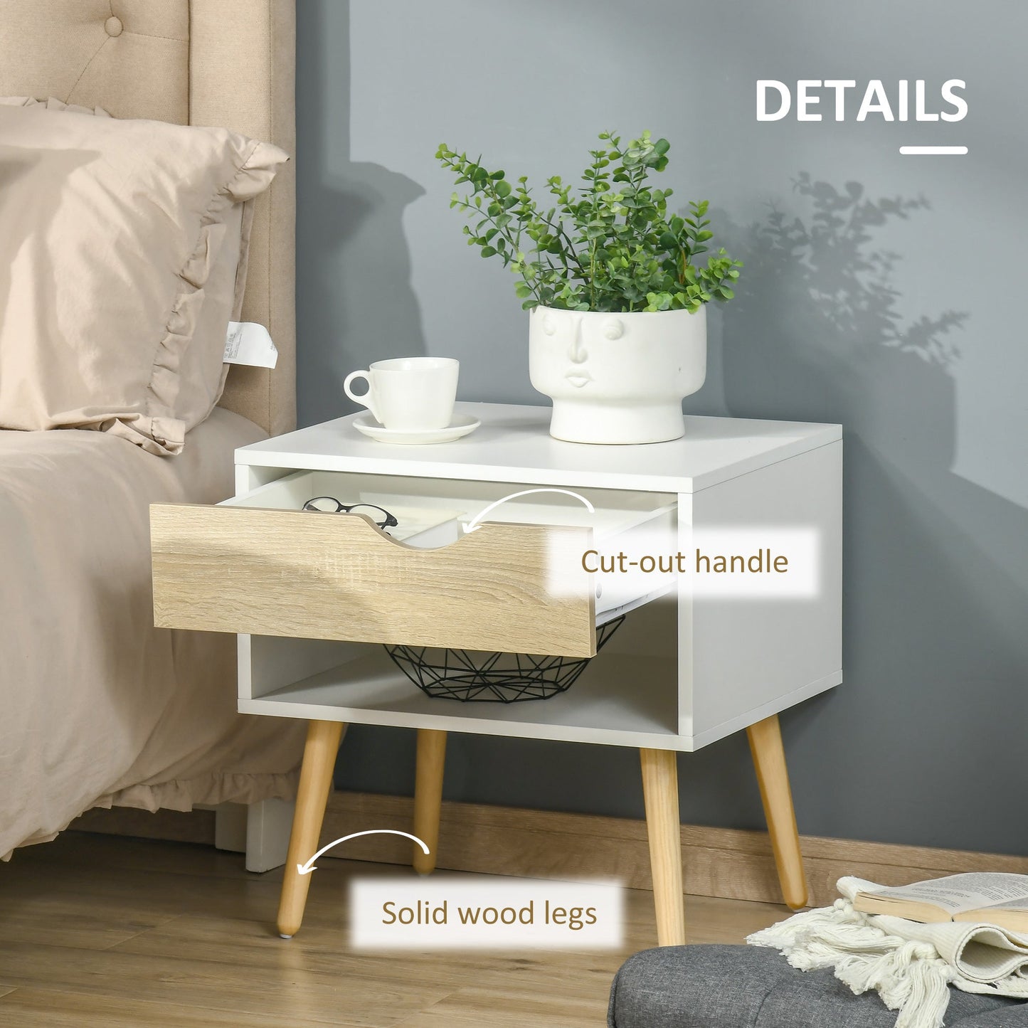 HOMCOM Set of 2 Bedside Table with Drawer & Shelf, Nightstand for Bedroom