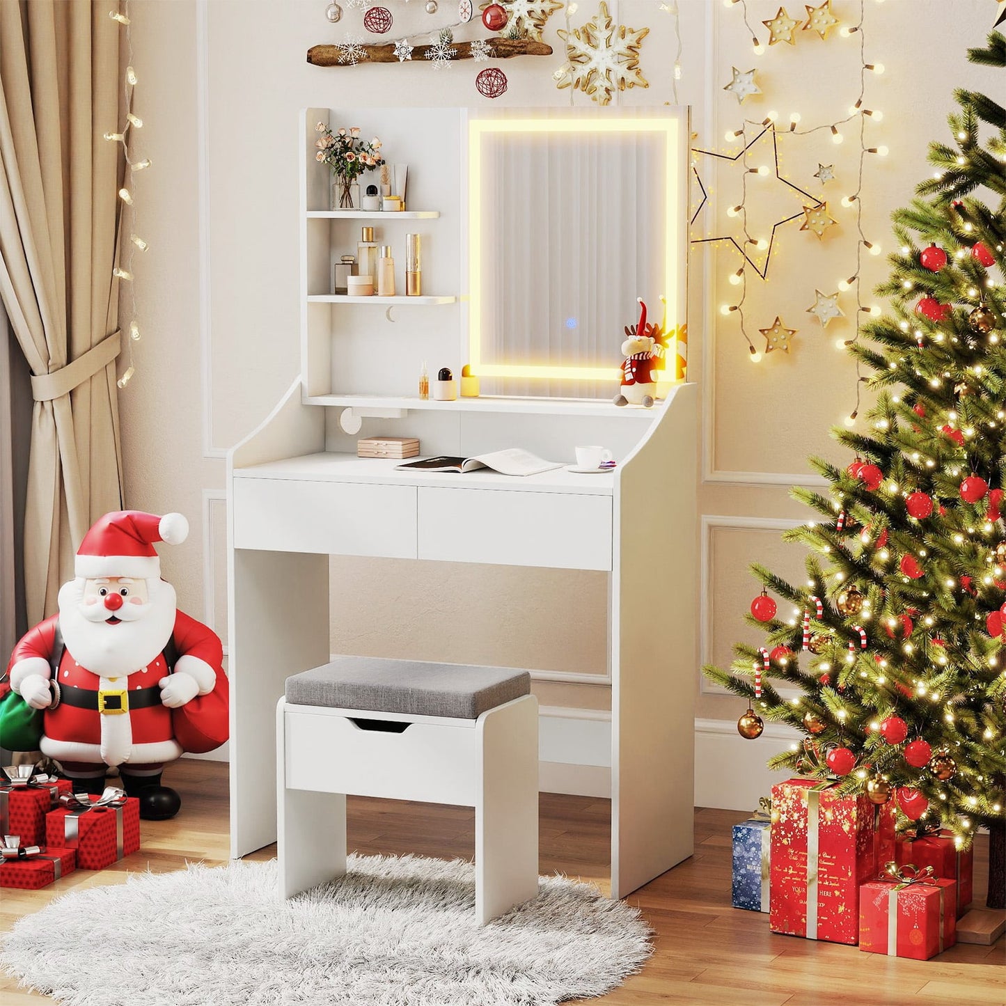 Vanity Desk Set with Built-in Charging Station and Storage Drawers-Black