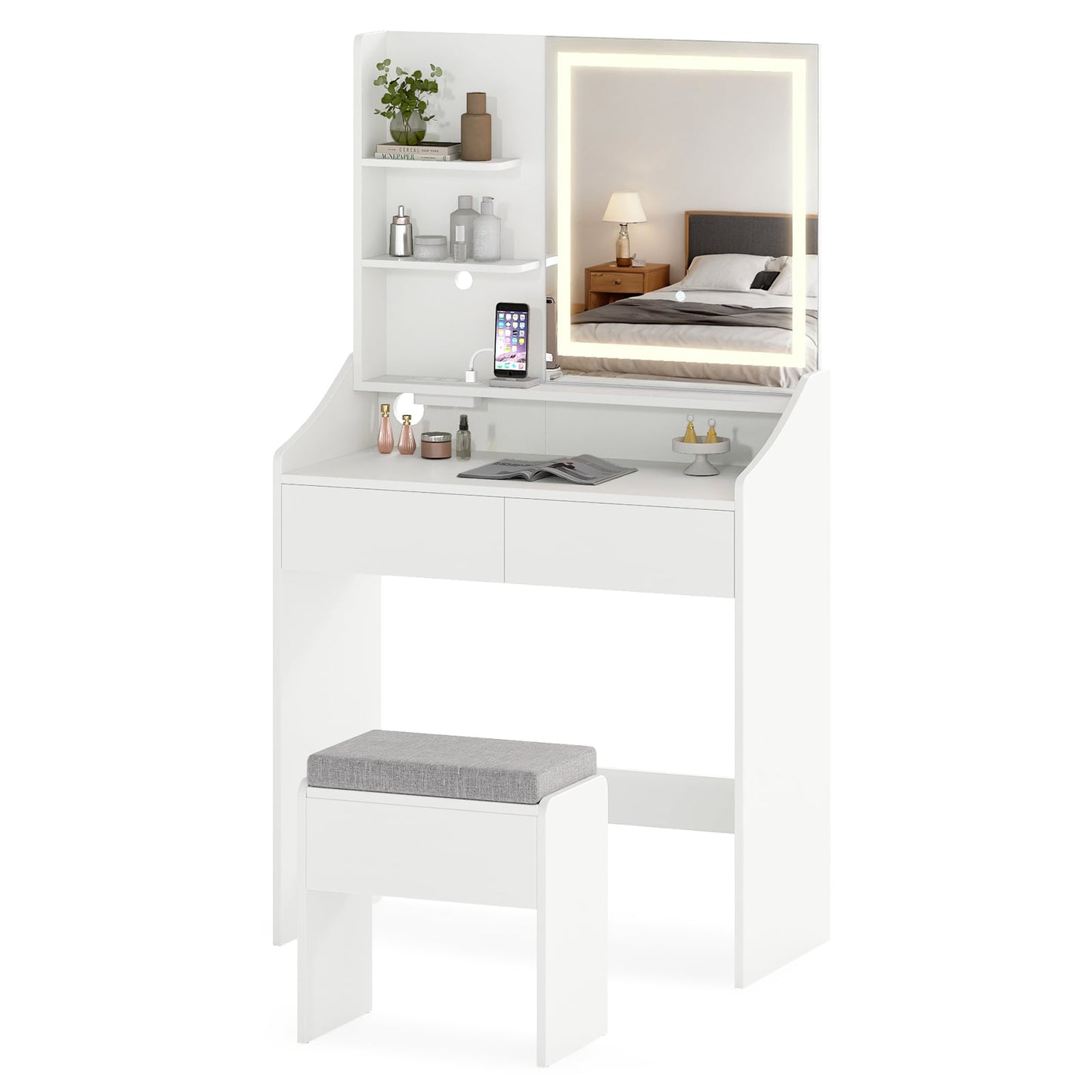 Vanity Desk Set with Built-in Charging Station and Storage Drawers-Black