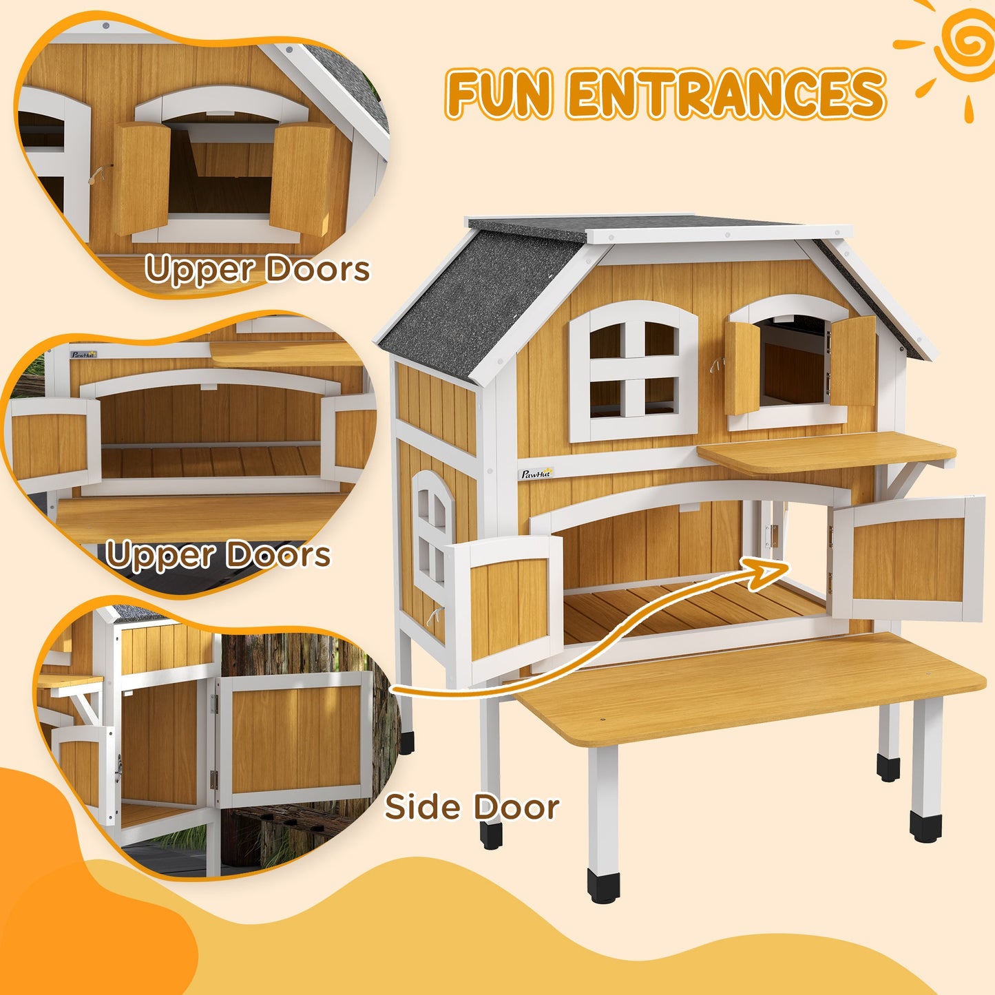 PawHut Outdoor Cat House Cat Shelter w/ Openable Asphalt Roof, Escape Doors