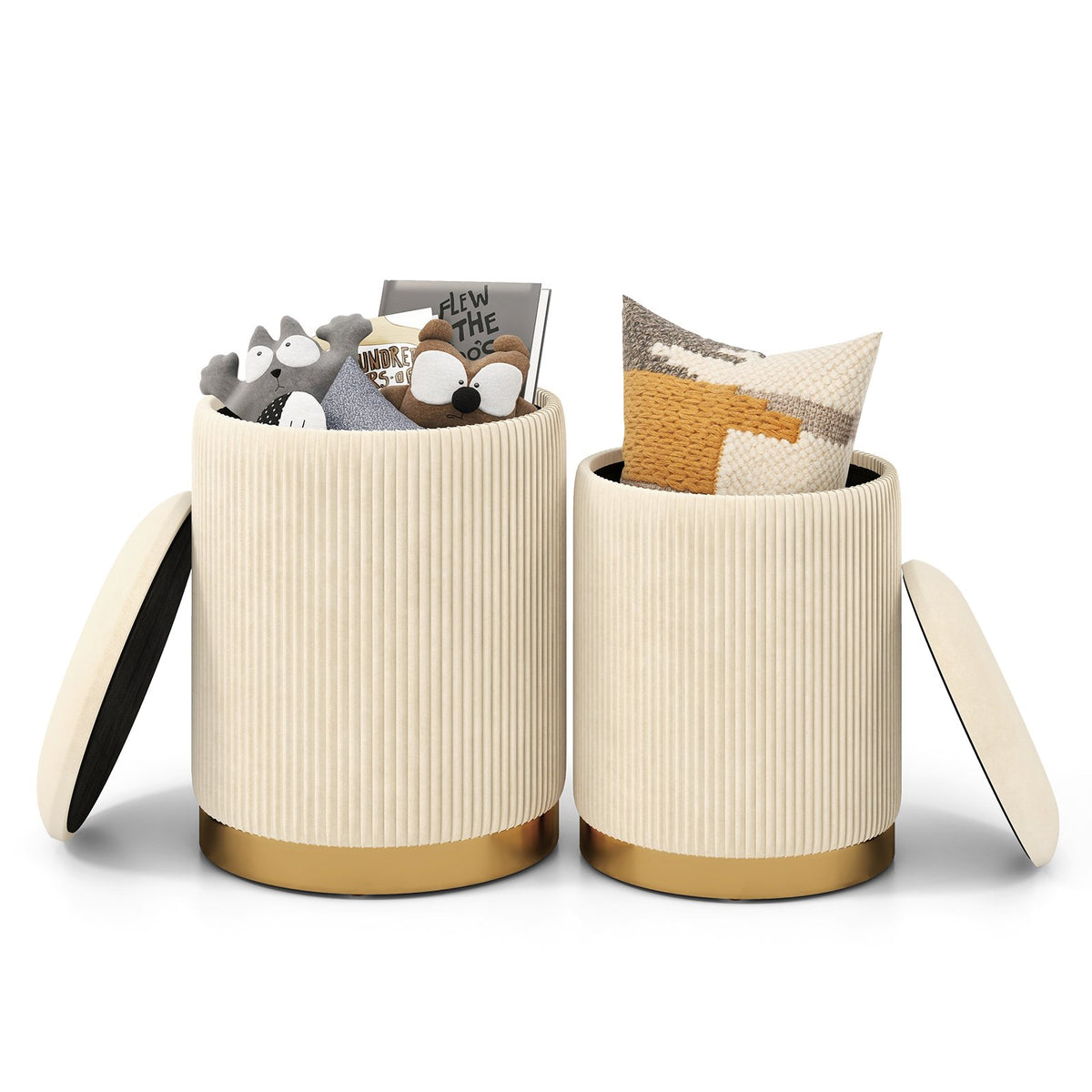 Velvet Storage Ottoman Set of 2 with Gold Stainless Steel Hoop-Beige