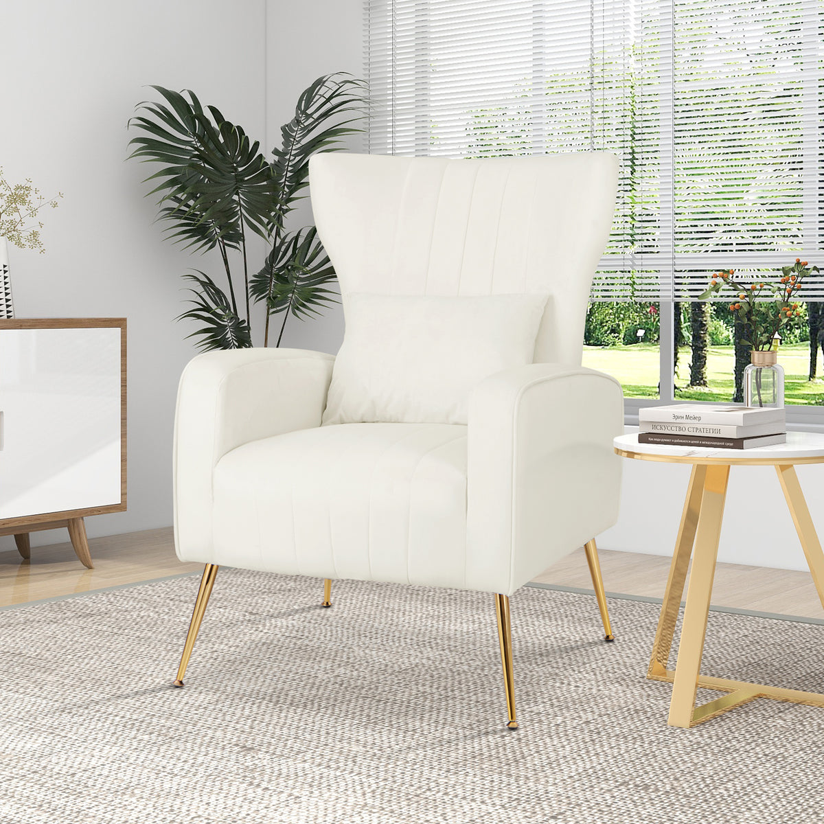 Velvet Upholstered Wingback Chair with Lumbar Pillow and Golden Metal Legs-Grey