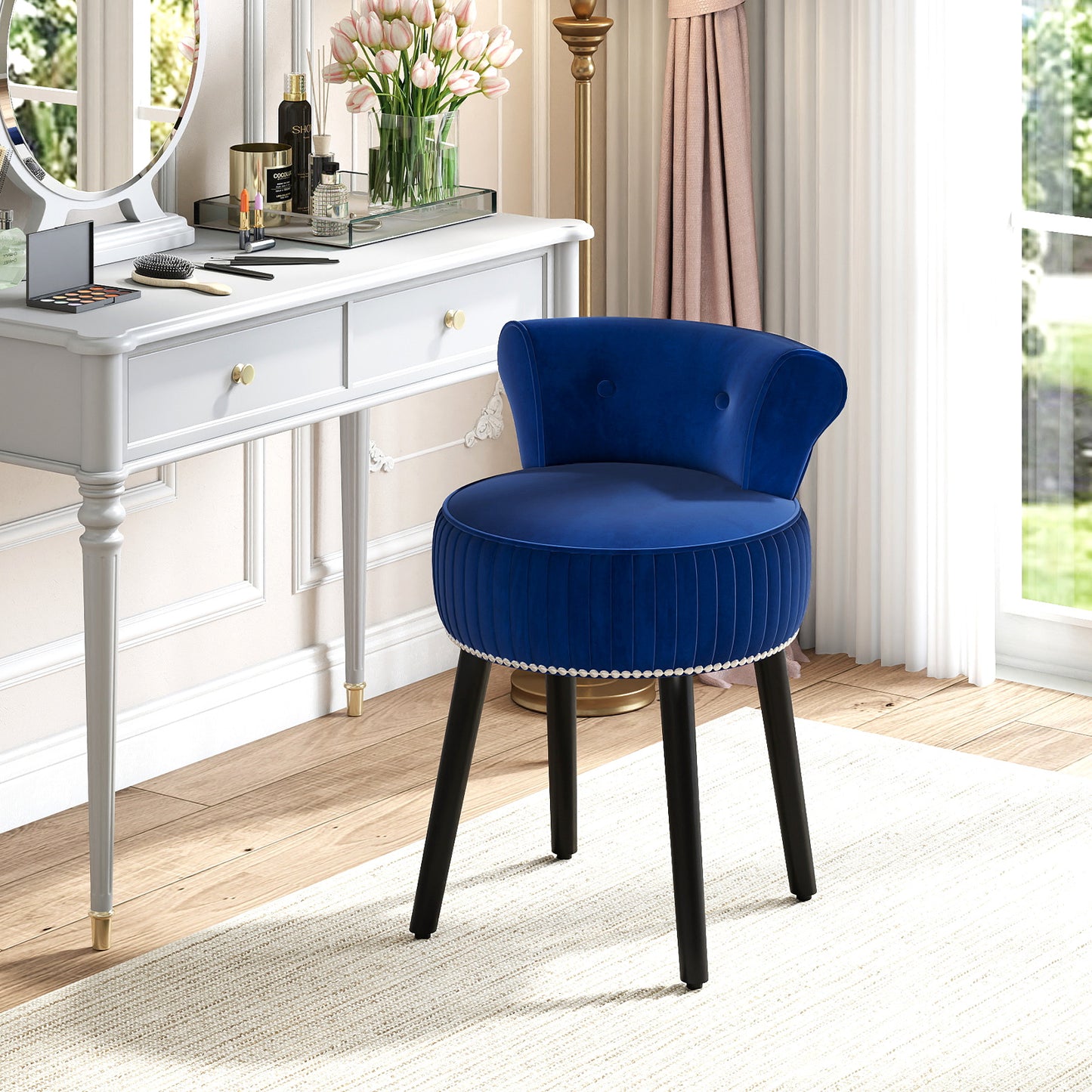 Velvet Vanity Chair with Tufted Low Back and Solid Wood Legs-Blue