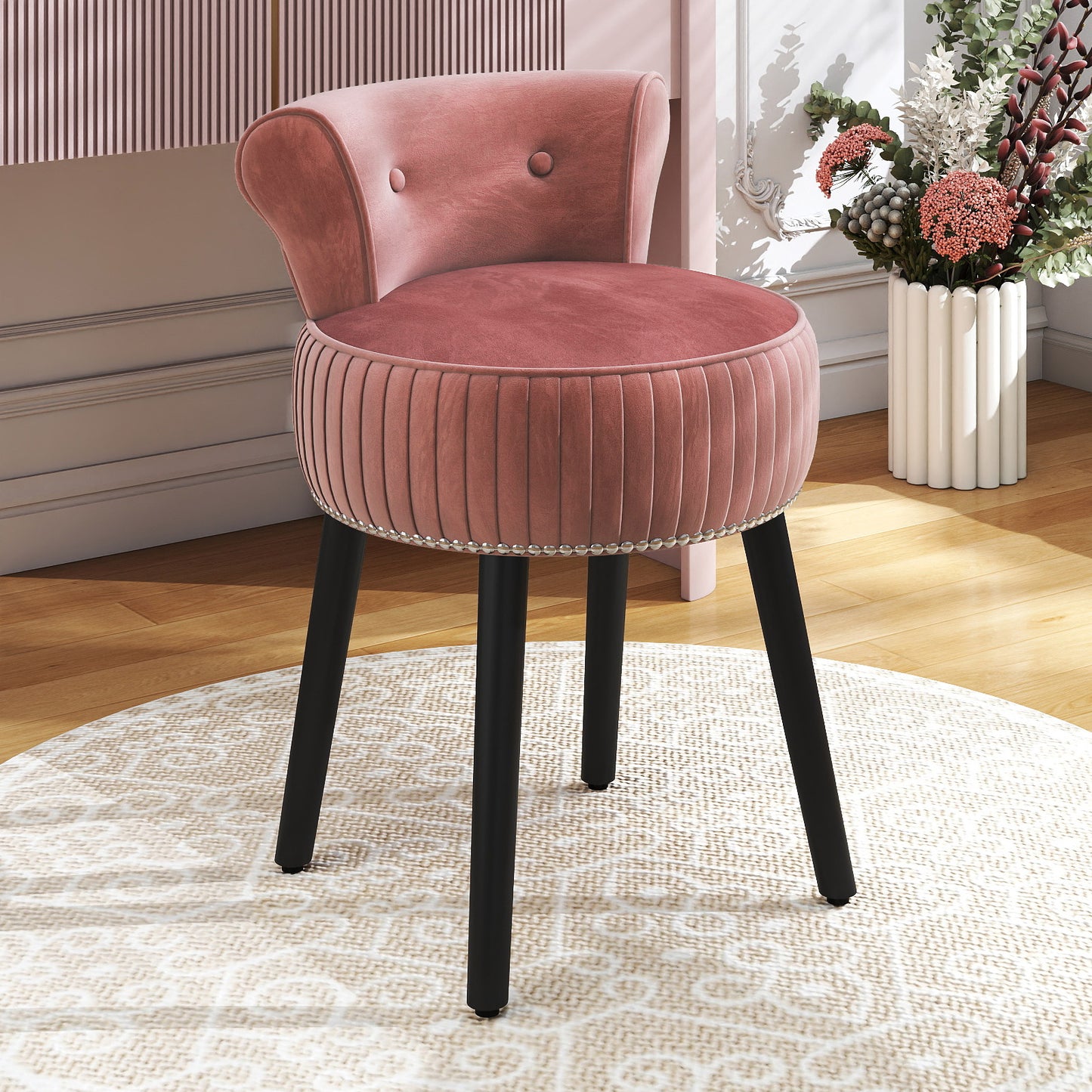 Velvet Vanity Chair with Tufted Low Back and Solid Wood Legs-Blue