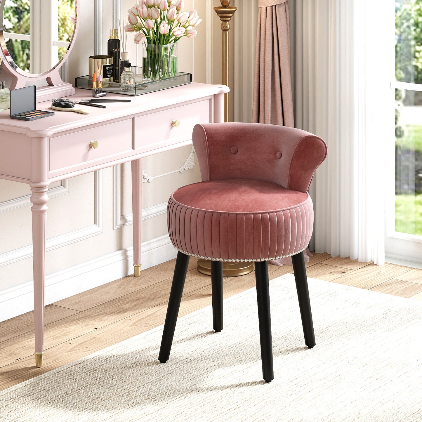 Velvet Vanity Chair with Tufted Low Back and Solid Wood Legs-Blue